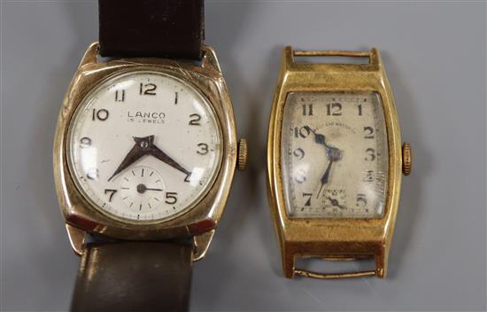 A ladys 18k yellow metal West End Watch Co manual wind wrist watch and a 9ct gold Lanco manual wind wrist watch.